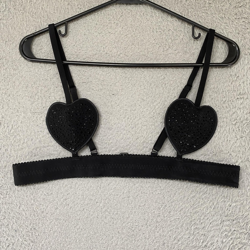 Skims Rhinestone Heart Bralette Womens XL Black Wireless Hook Back Valentines